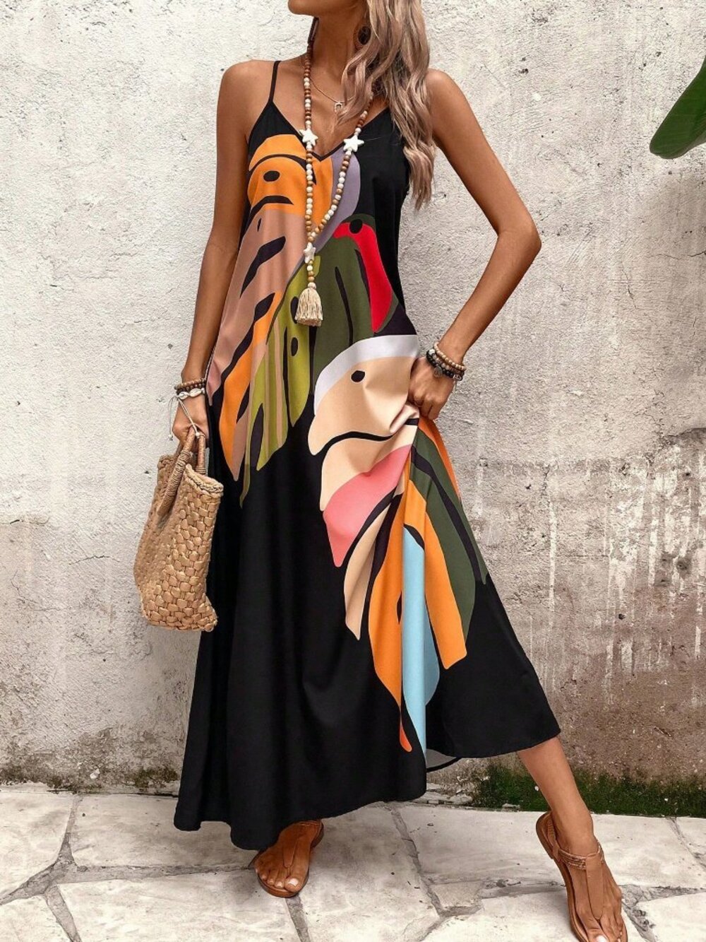 Multicolor Casual Women's Colorful Leaf Printed Strappy Dress Maxi Outfit - Picture 5 of 7